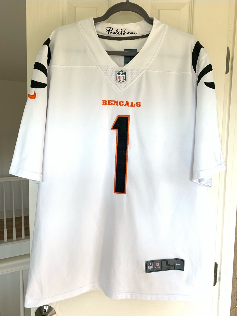 Nike White Cincinnati Bengals #1 Football Jersey with Black and Orange Accents